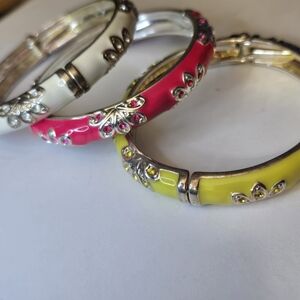 Enamel Clamp Bracelets  Silver Tone Pink Yeĺlow White Rhinestones